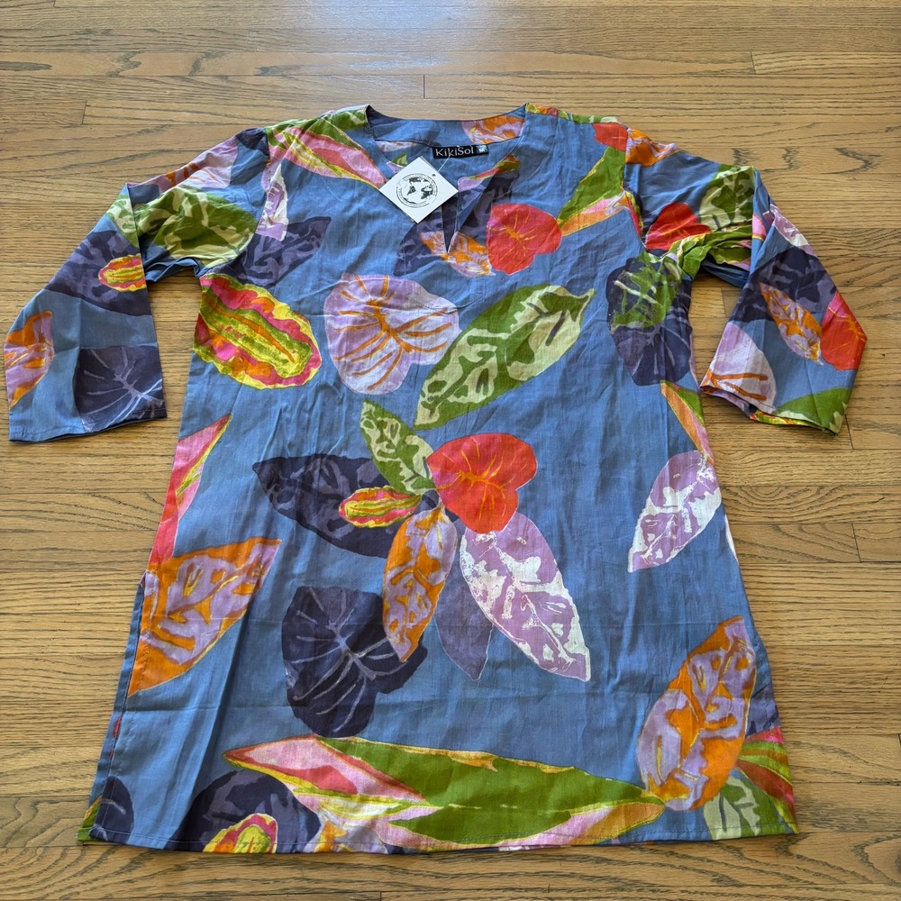 KikiSol Women's Blue Floral Hand Printed Split Neck Tunic Top Size M NWT